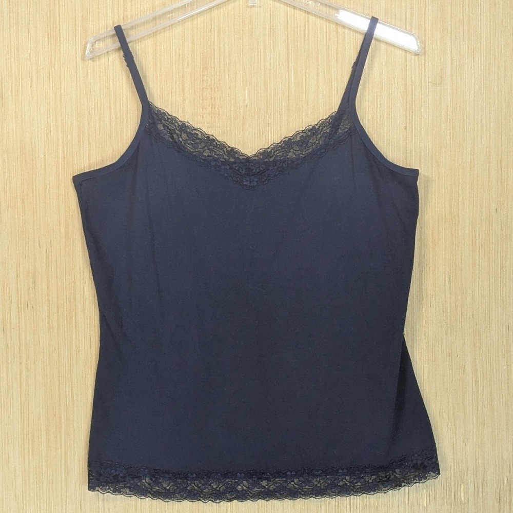 Christopher & Banks Tank Top Cami Womens Large Navy Blue Lace Trim Fall Layering